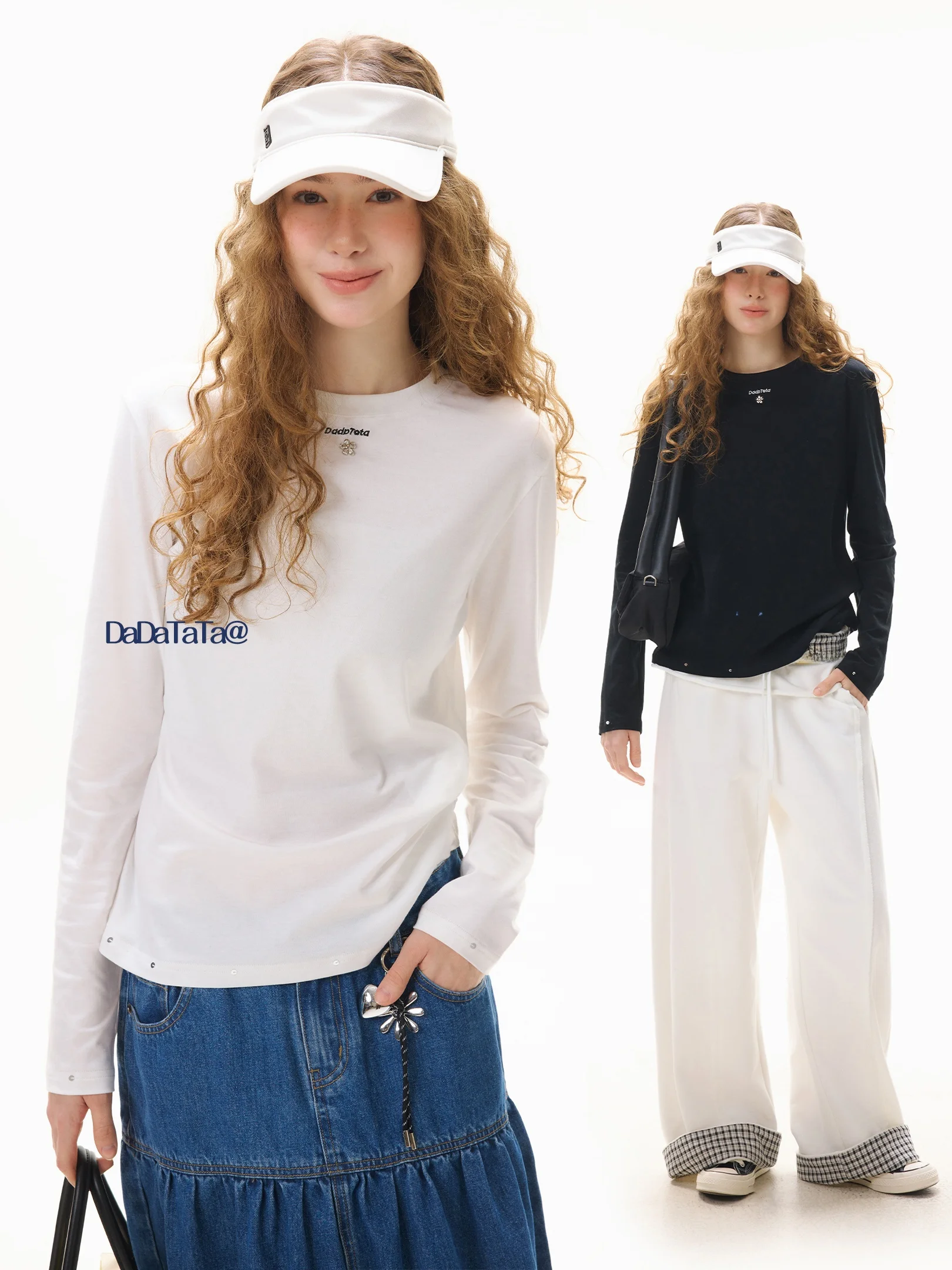 

Удобная трикотажная футболка с длинным рукавом для женщин больших размеров, универсальная повседневная хлопковая футболка с круглым вырезом DADATATA, новинка