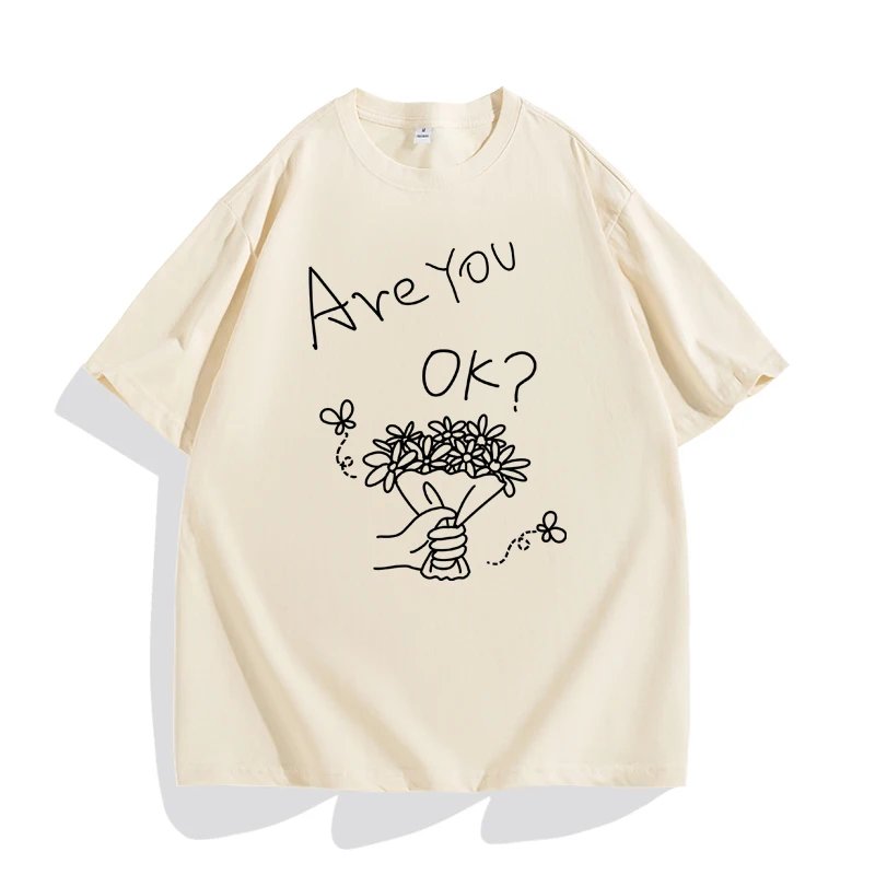 Are You Ok? Line Bouquet T-shirt 2024 New Korean Version Trendy Summer Women's Clothing Cute Loose Short Sleeves