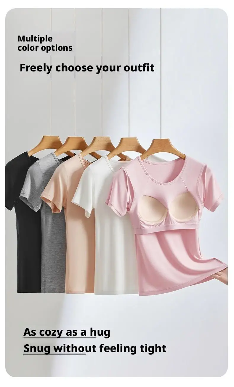 Ubowen Für 40-90 kg große Frauen, Übergrößen-T-Shirt mit kurzen Ärmeln, integriertem BH, Rundhalsausschnitt und festem Körbchen. – Detail 16