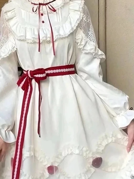 

Cute Sweet Style Red Short Cape Stand Collar Long Sleeve High Waist Slim Dress Color-Block New Year Versatile Bow Dress