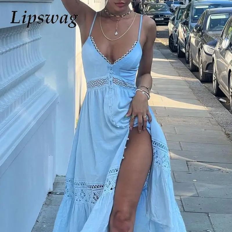 

New Women V-Neck Hollow Party Dress Sexy Strap Lace-Up Slim Long Dress Female Beach Backless Button Split Dresses 2024 Summer