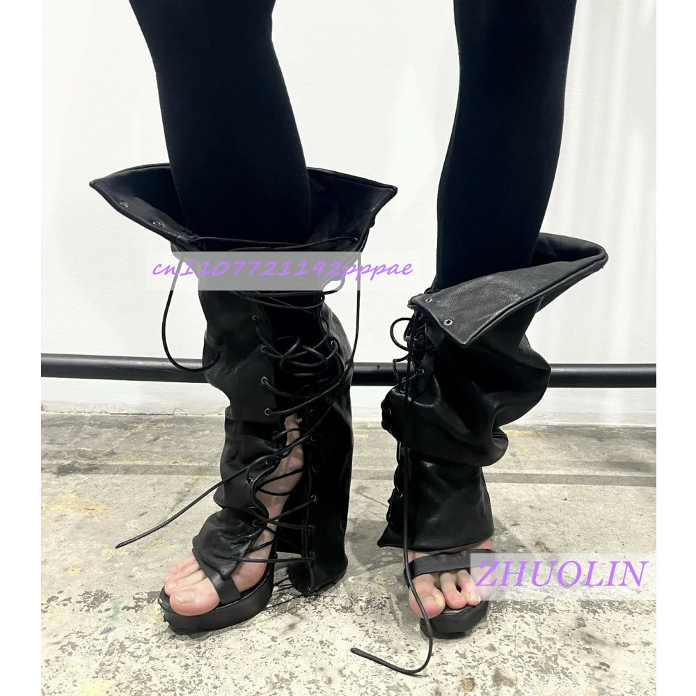 

Women'S Black Leather Turn-Up Straight Boots Luxury Open-Toe Cross-Strap High Heels Trendy Runway Platform Sandals Gladiator