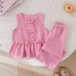 Summer Girls' Suits Pink vertical stripe Bow Sleeveless Vest Top+Pants Two-piece Set Sweet Kids' Clothing Sets
