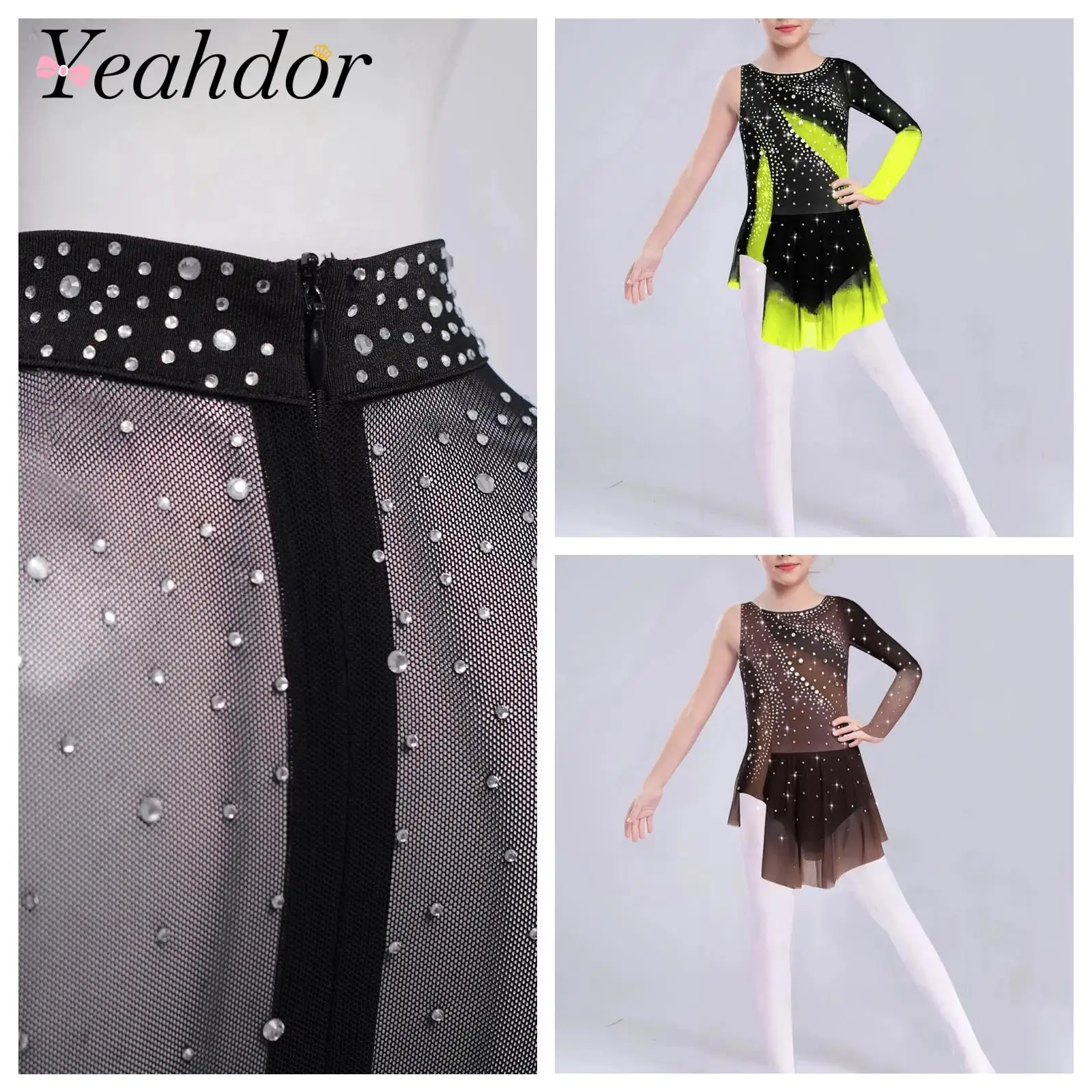 

Kids Girls Rhinestones Stage Performance Costume Patchwork Ballet Tutu Dance Dress Long Sleeves Figure Skating Leotard Dresses