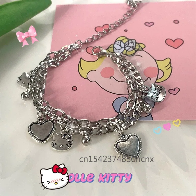 Y2K HelloKittys Bracelet Cartoon Cat Double Layer Bracelet for Men and Women Girl Spicy Girl Handicraft Girl's Birthday Gift