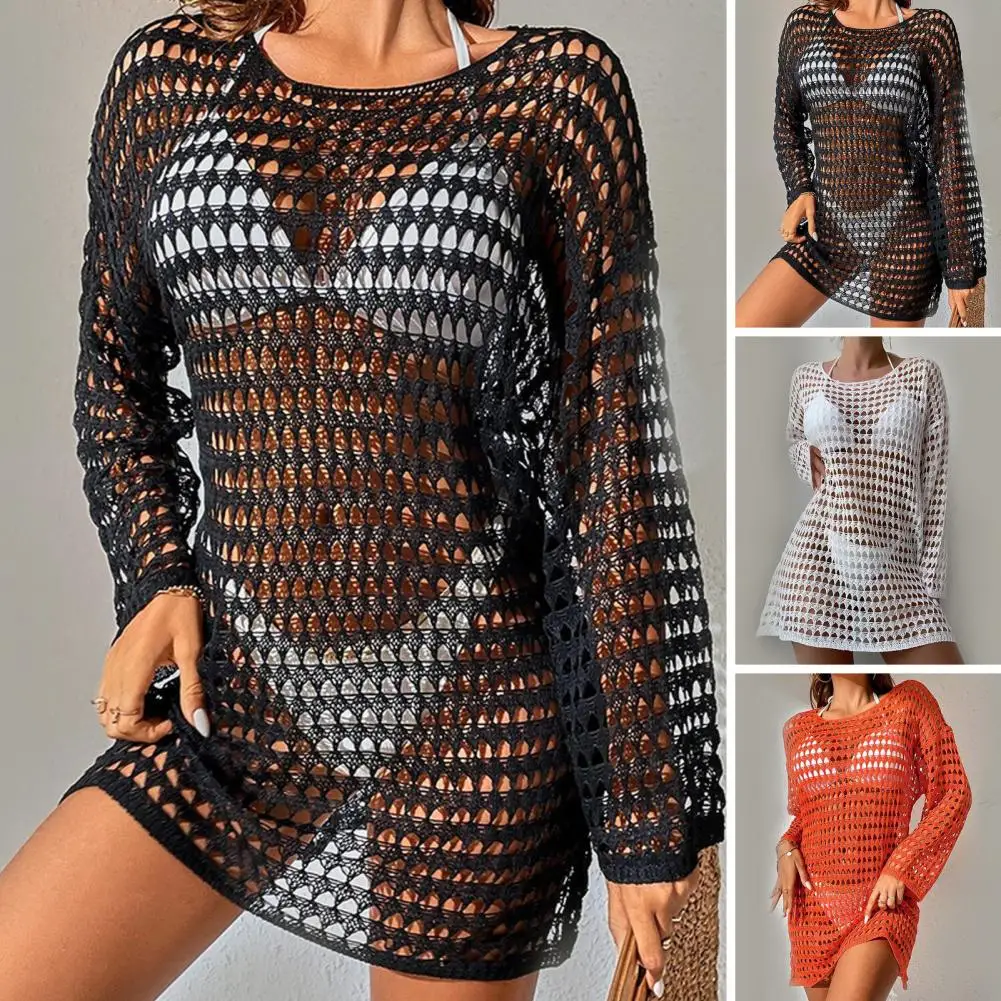 Breathable Swimwear Cover Up Stylish Crochet Beach Dress Sexy Swimsuit Cover Up Summer Hollow Bikini Cover Up O-neck Long Sleeve