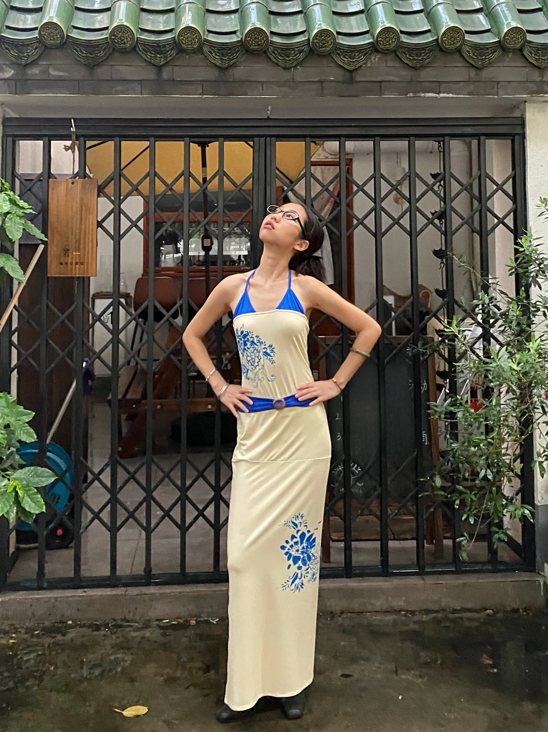 

New Chinese Sle Retro Blue And White Porcelain Yellow Goose Ne Hanging Long Dr Slim Fit Maxi Skirt Design Original SIKUO