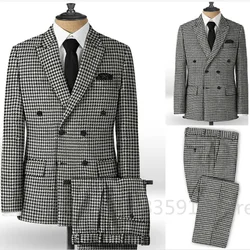 Check Houndstooth Men Suits for Groomsmen with Peak Lapel 2 Pieces Wedding Tuxedo Casual Plaid Man Fashion Jacket Pants