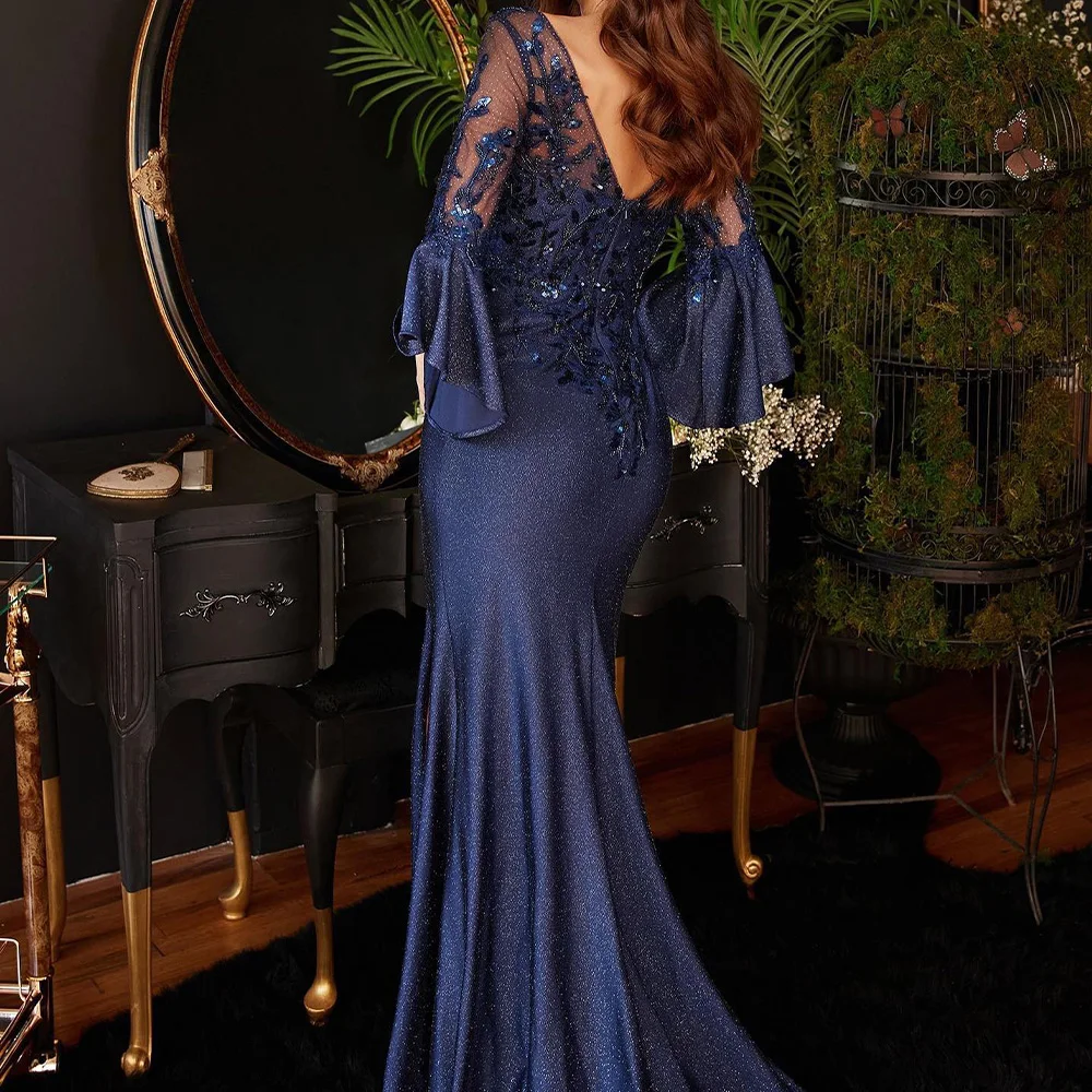 Elegant and Temperament Mermaid V-Neck 3/4 Sleeves Evening Dress Floor Length Lace Side Slit  Celebrity Gowns Saudi Arabia 2024