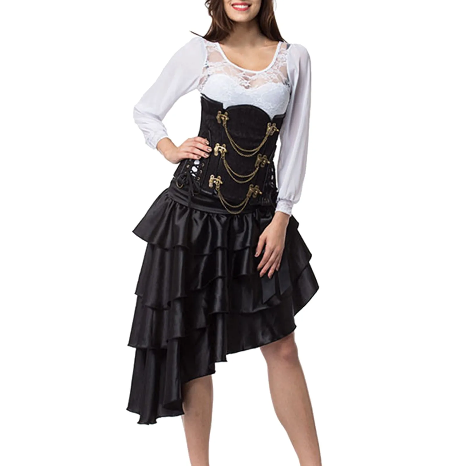 Gothic Satin Skirts for Women Sexy Irregular Ruffles Black Brown Bow Zipper Skirt Vintage Steampunk Party Skirt with Corset