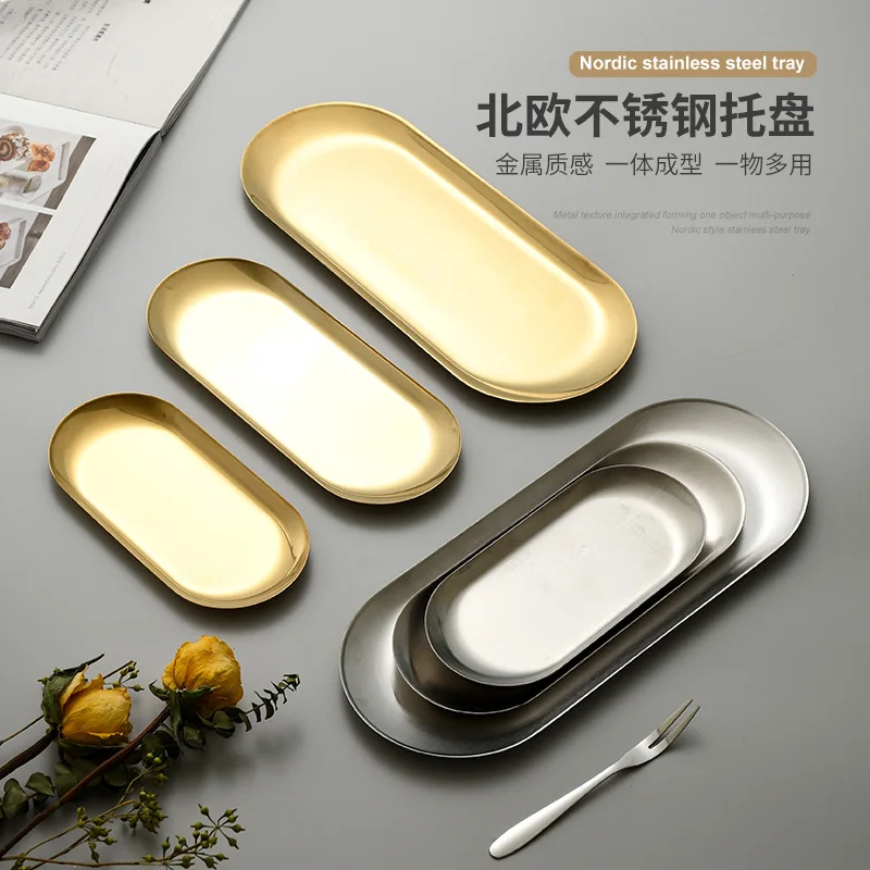 Thickened Stainless Steel Korean Barbecue Plate Oval Snack Plate Flat Bottom Plate Self-service Dim Sum Plate Tray Steak Plate