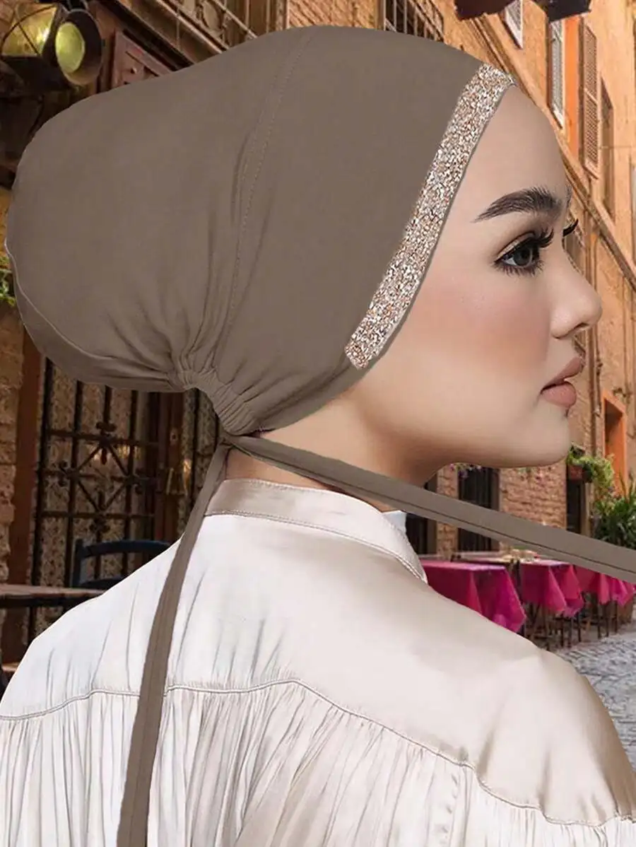 

Women Solid Color Rhinestone Decor Hijab Underscarf Cap For Daily Wear