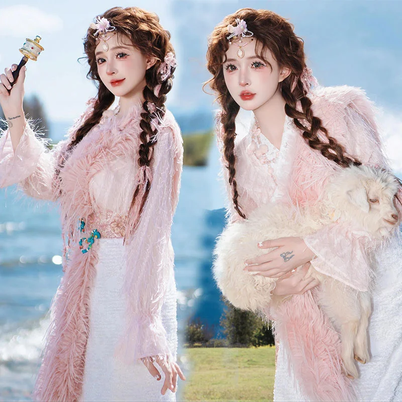 

Розовая тибетская женская одежда для фотосессий, этнический костюм для девочек, традиционная одежда для портретной съемки в Юньнани, Дали, Лицзяне