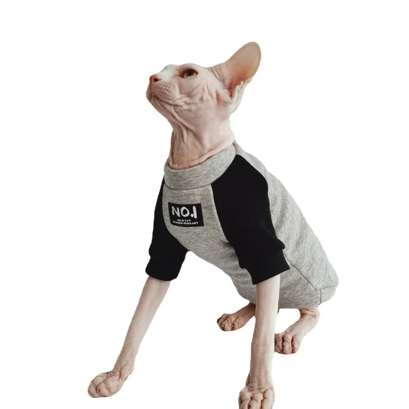 

Autumn and Winter Fleece Trendy Brand Sweatshirt Contrast Design Sphynx Hairless Cat Devon Clothes