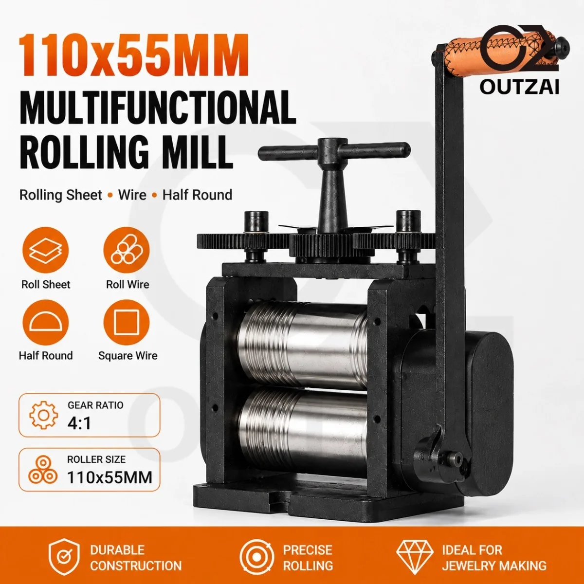 55mm Jewelry Rolling Mill 110mm Multifunction Hand-cranked Rolling Mill for Gold Silver Metal Jewelry Making 4:1 Ratio Sheet Wire Semicircle Jewelry Manual Rolling Mill Machine