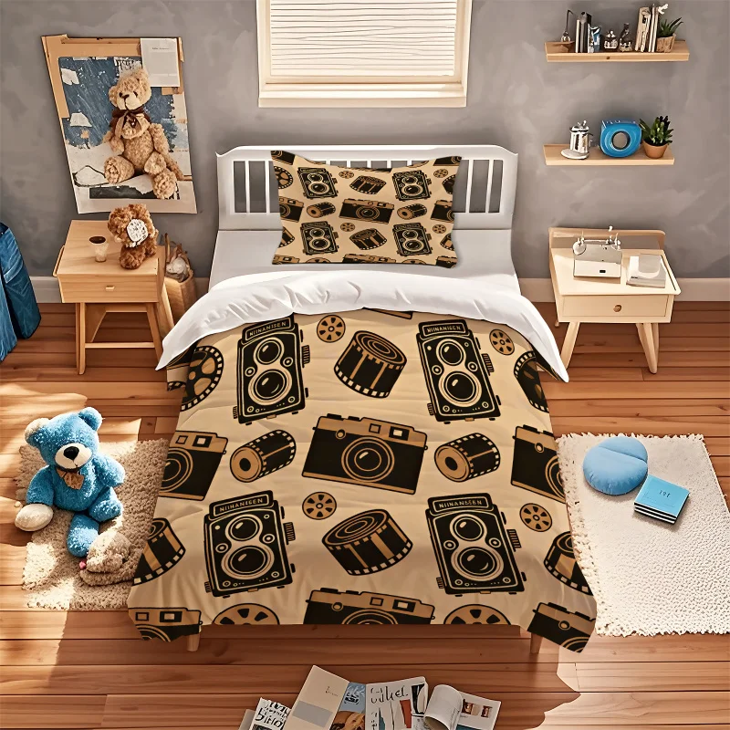 Vintage Camera Film Duvet Cover Set Bedding Set No Filler Digital Print Comforter Cover Soft Retro Style for Photography Bedroom