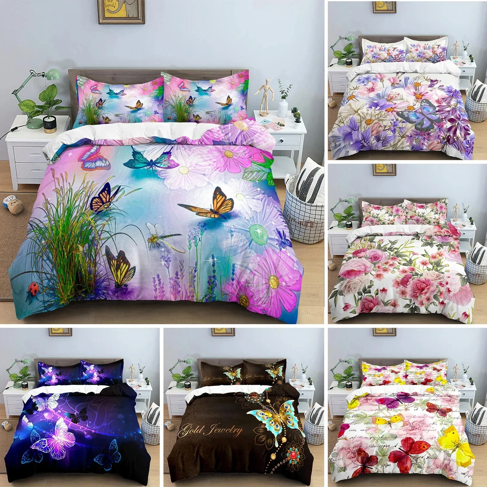 

Butterfly Bedding Set 3D Flower Duvet Cover Quilt Cover Double Twin Full Queen King Adult Girl Kids Bedclothes Quilt Cover