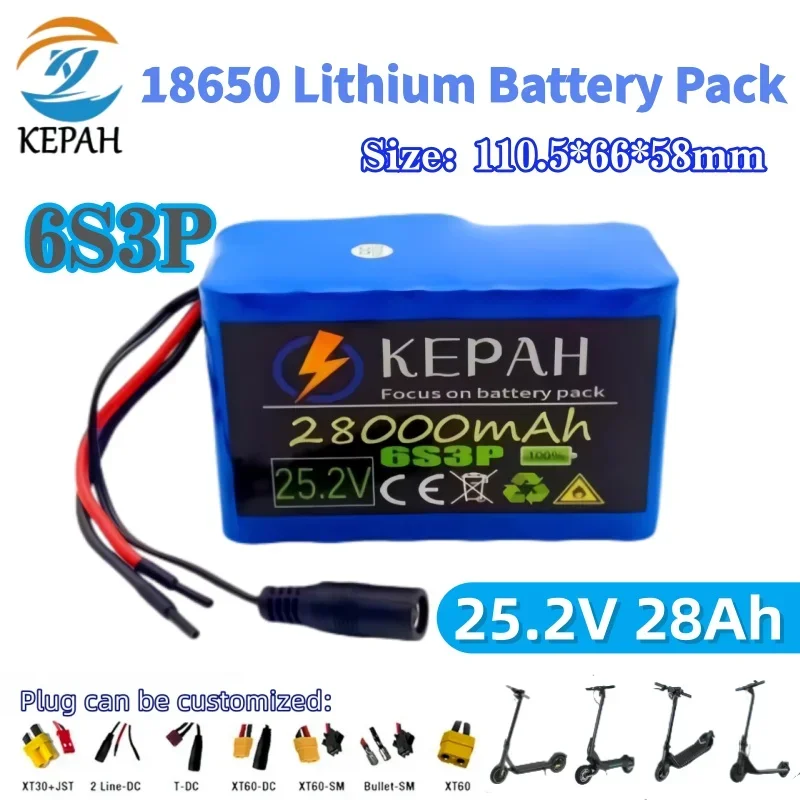 

Аккумуляторный блок 18650 25.2V 28Ah высокой емкости | 6S3P 28000mAh с зарядным устройством, универсальный для электровелосипедов/самокатов/игрушек