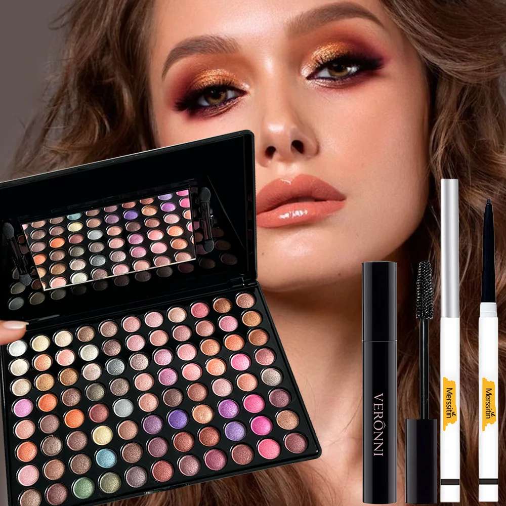 88 Colors Eyeshadow Palette Eye Makeup Set Black Mascara Waterproof Black Gel Eyeliner Pencil Matte Shimmer Pigmented Eyeshadow