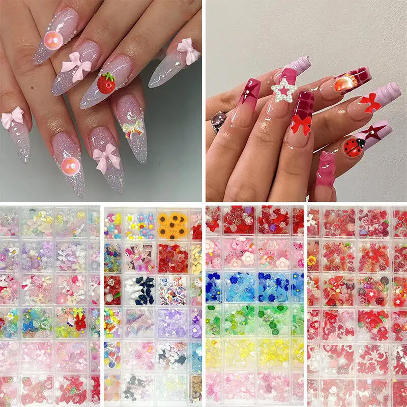 

1Box Dopamine Colored Flowers Bears Nail Charms Cartoon Cute Lamb Monkey Animals Simulated Donut Candy Nail Decorations for DIY