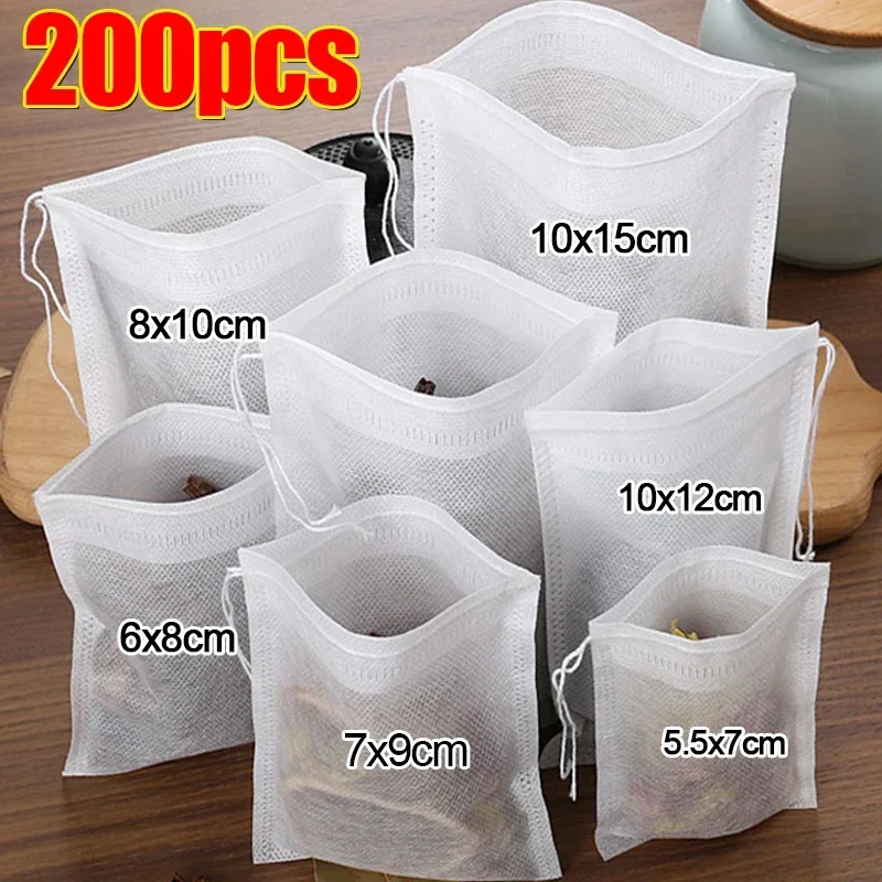 200/50PCS Disposable Tea Filter Bags Non-woven Fabric Bags with Drawstring Seal Filter Teaware for Coffee Spice Kitchen Supplies