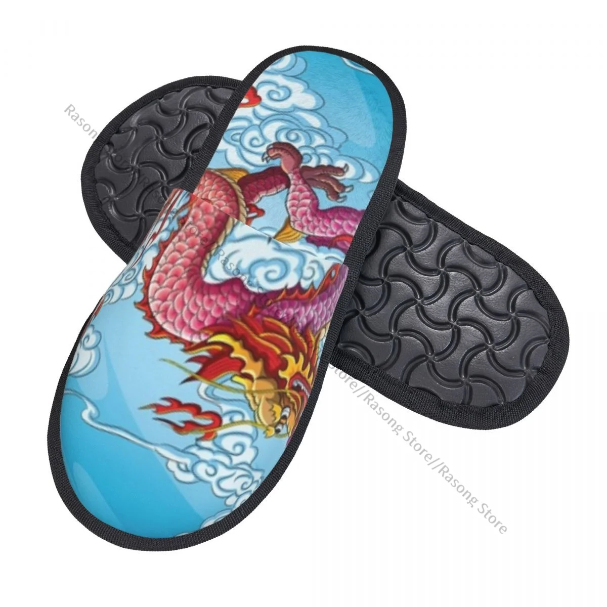 Chinese Dragon Painting Slipper For Women Men Fluffy Winter Warm Slippers Indoor Slippers