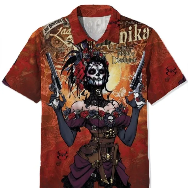 Western Day of The Dead Skeleton Cowgirl Marigold Cross Pattern Unisex Short Sleeve Blouse Camp Collar Loose Vacation Shirt