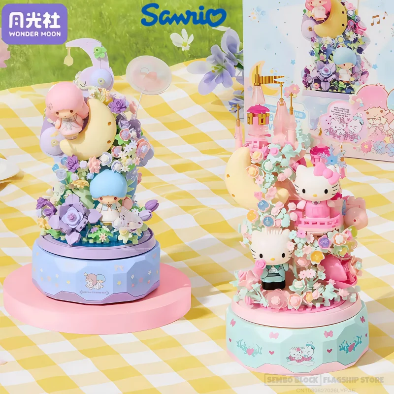

Sanrio Music Box Assembled Building Blocks Hellokitty Kawaii Anime Toys Cartoon Model Desktop Collection Ornaments Holiday Gifts