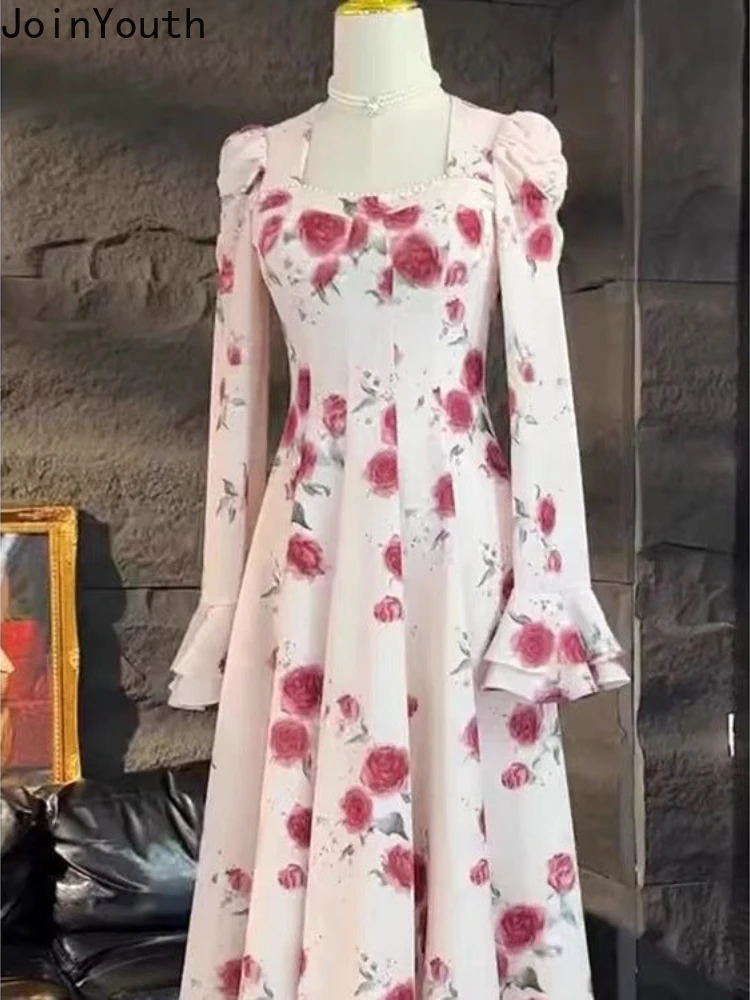 Temperamento Robe Femme abiti floreali donna 2024 Vestidos De Mujer manica svasata perline colletto quadrato tunica Vintage Maxi Dress