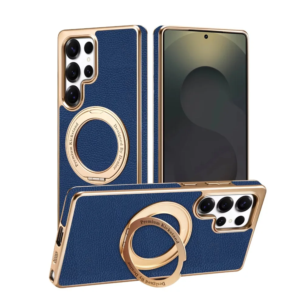 

Electroplated Stronger Magnetic Gear Bracket Imitation Leather Phone Case For Samsung S26 Ultra S25 S24 Plus Anti-drop Cover
