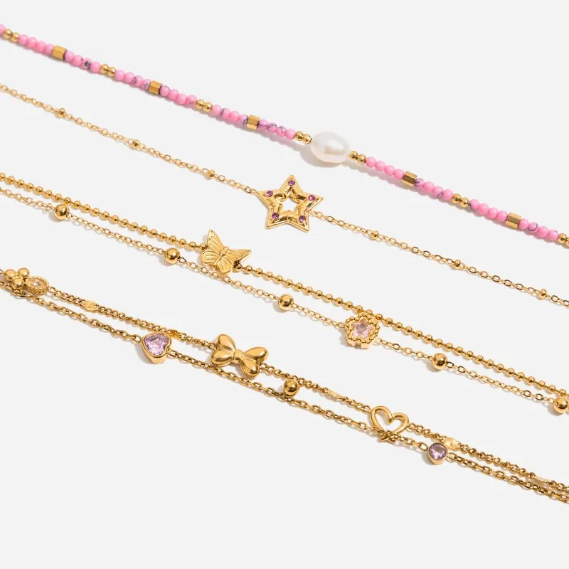 

Minar Textured Pink Rhinestone Hollow Star Bowknot Heart Butterfly Charm Bracelets for Women Titanium Steel 18K Gold PVD Plated