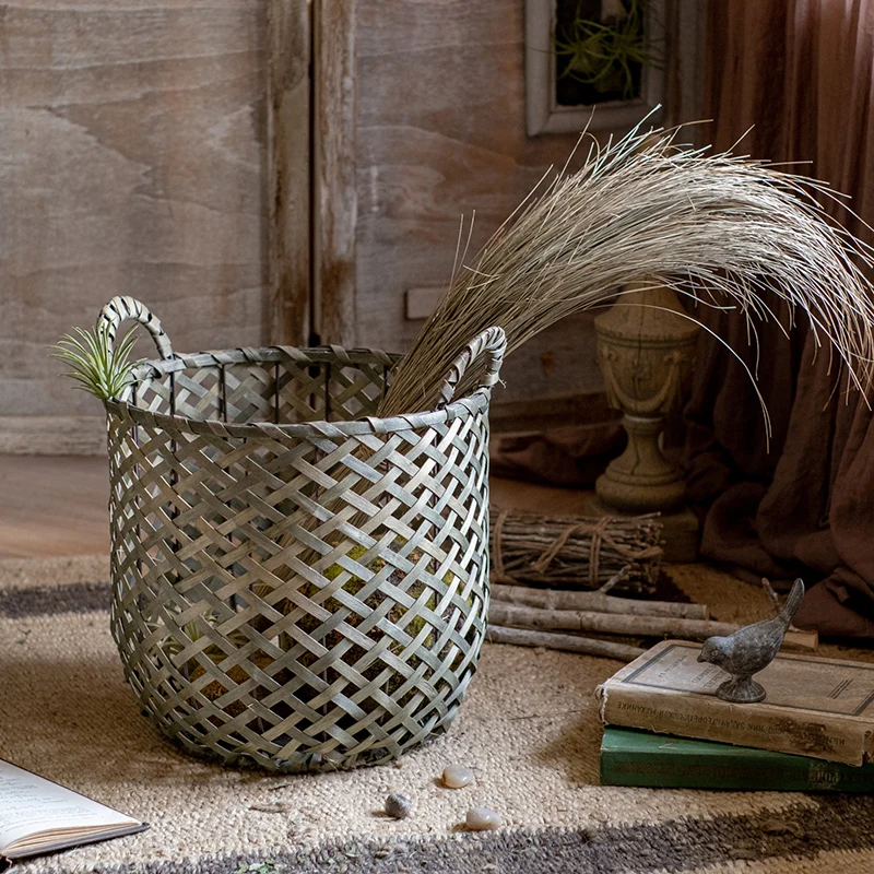 

Large Woven Wooden Storage Basket Handheld Openwork Hamper Laundry Basket Plant Pot Home Decor Natural Vintage Organizer