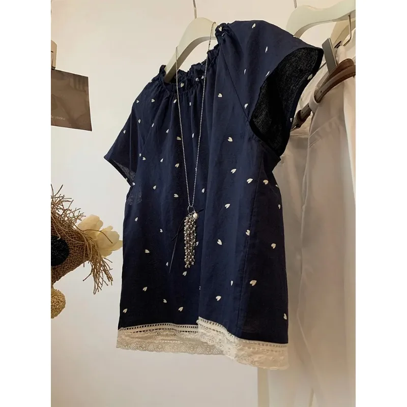 

Women's Sweet Heart Print Cotton Blouse Ruffle Neck Cap Sleeve Lace Trim Summer Top