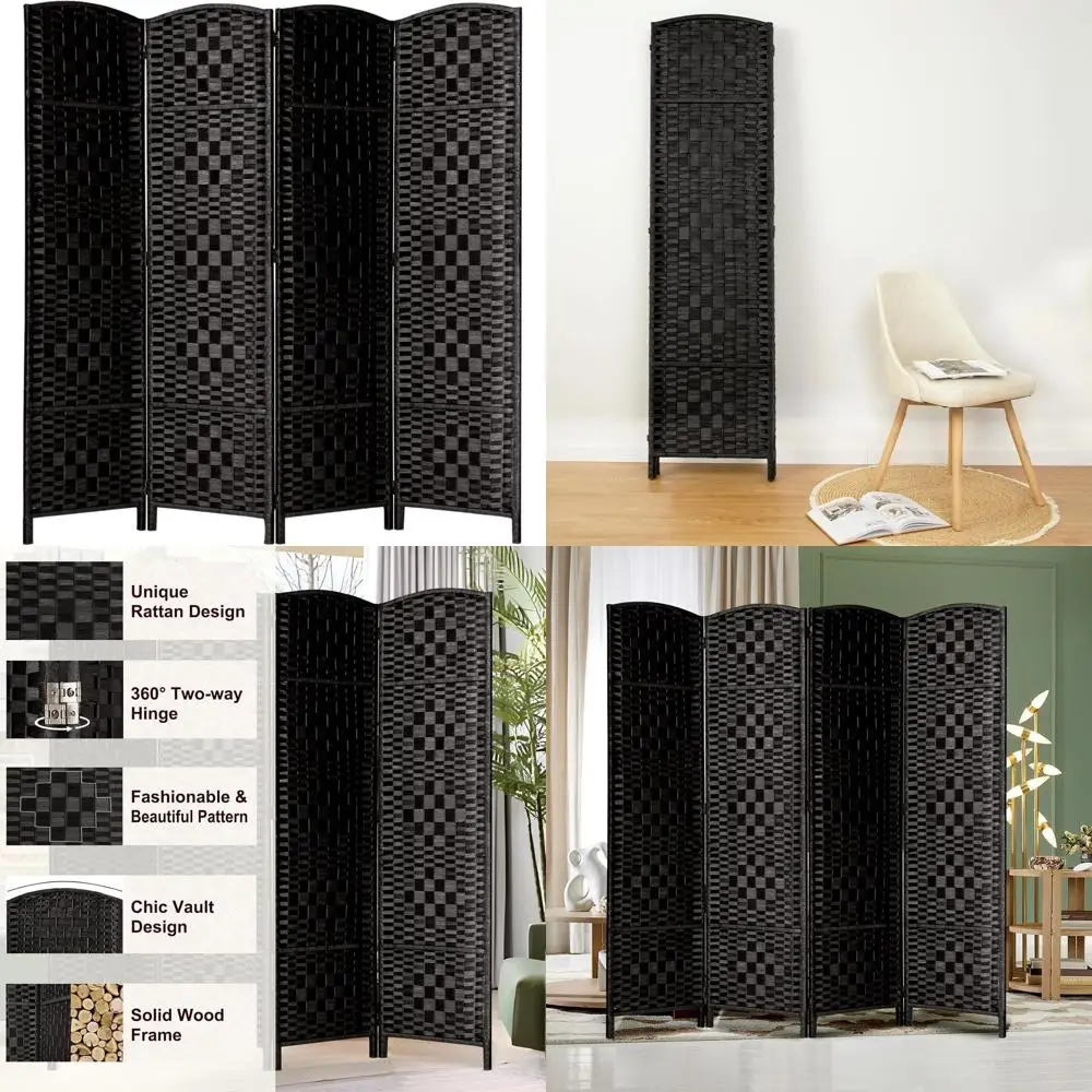 

6ft Tall 4-Panel Folding Privacy Screen, Black, for Temporary Room Separation