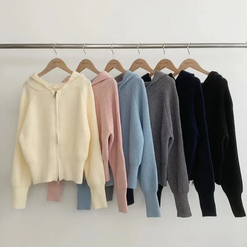Chic Lazy Sle Hooded Thiened Knitted Open Cardigan Zipper Design Collar Sweater for Women Autumn Winter New Arrival