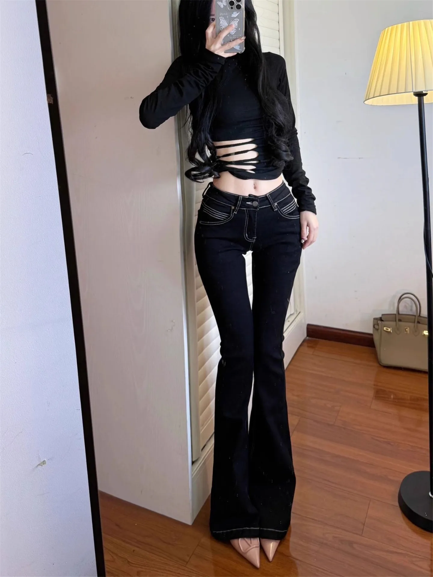

Low Waist Bell Bottom Denim Jeans Women's Slim Fit Elastic Design Spring Autumn High Heel Pants Casual Cotton Jeans