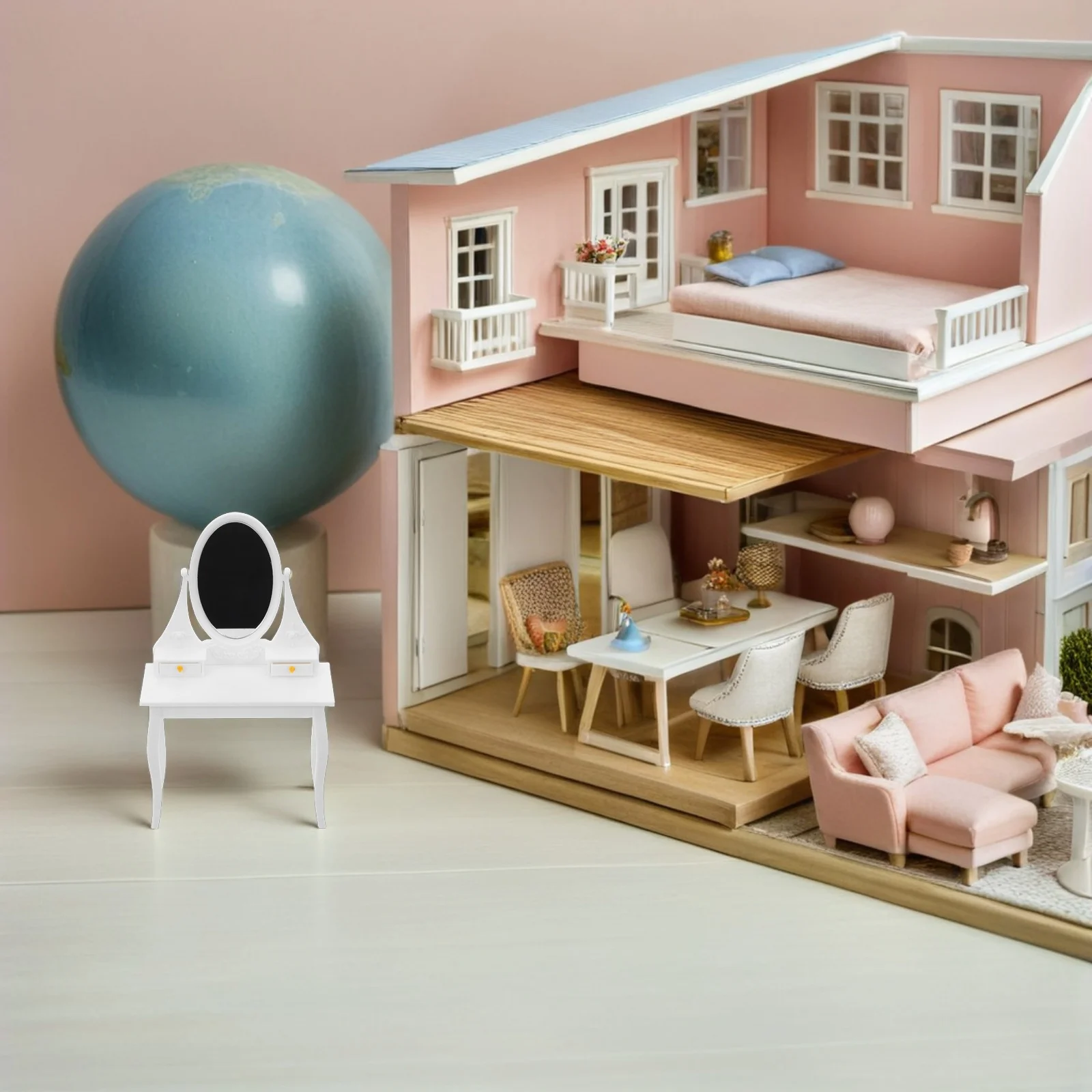 Mini-Kommode mit Spiegel: Realistischer Miniatur-Puppenhaus-Schminktisch im Vintage-Stil, Schlafzimmermöbel für Kinder, Spielset, Puppenhaus
