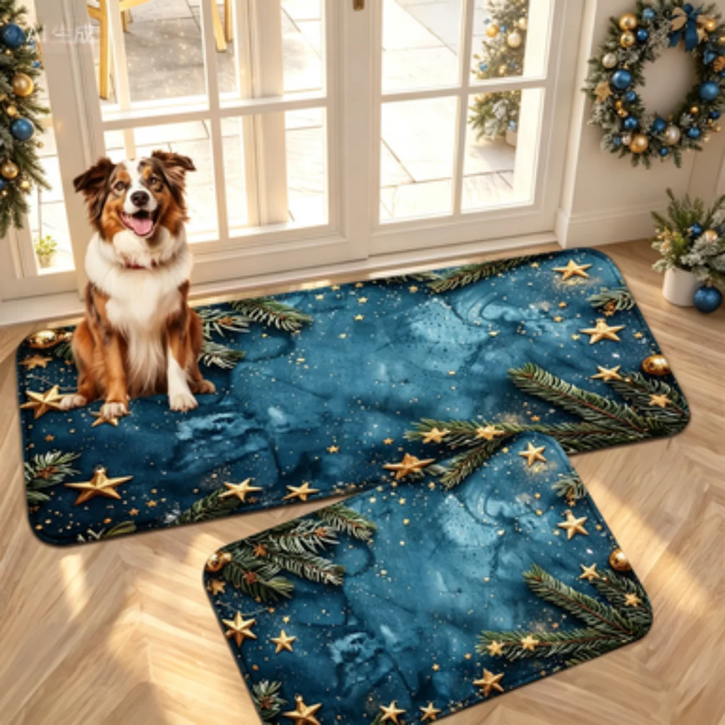 Navy Pine Branch Star Christmas Mat, Cream White Allover Gingerbread Man Doormat, Wood Grain Reindeer Snowflake Rug.