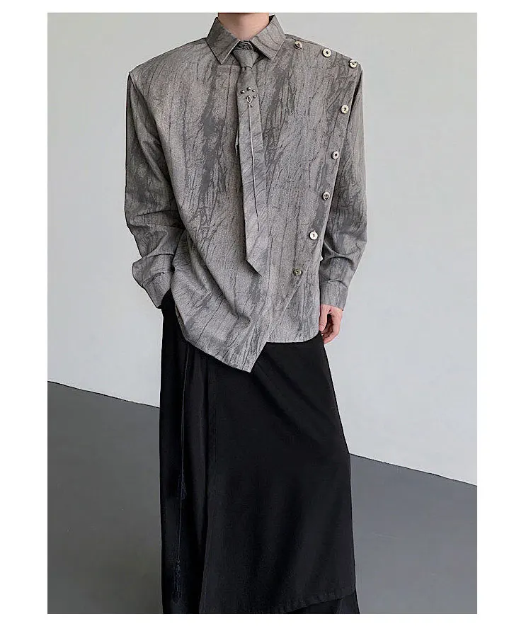 2025 Spring and Autumn New Men's Retro Style Gray Gradient Design Asymmetrical Placket Padded Shoulder Self-tie Shirt