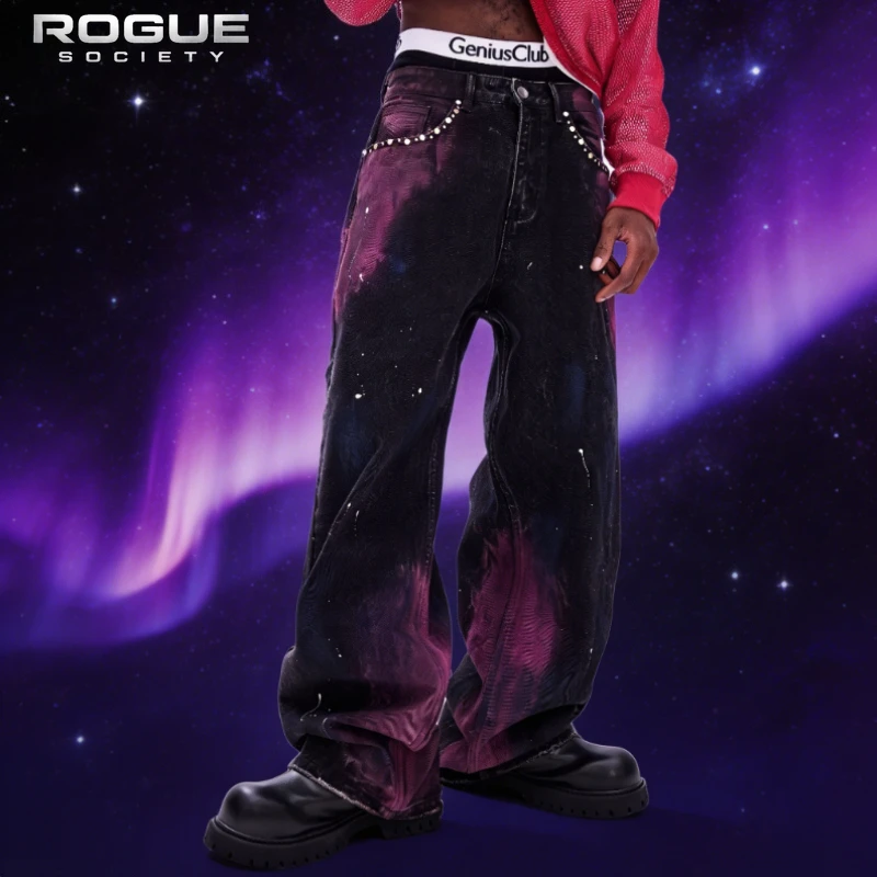 

Luxury Aurora Purple Wash Studded Baggy Jeans Men Streetwear Wide Leg Pants Grunge Spray Paint Harajuku Punk Y2K Clothes Unisex