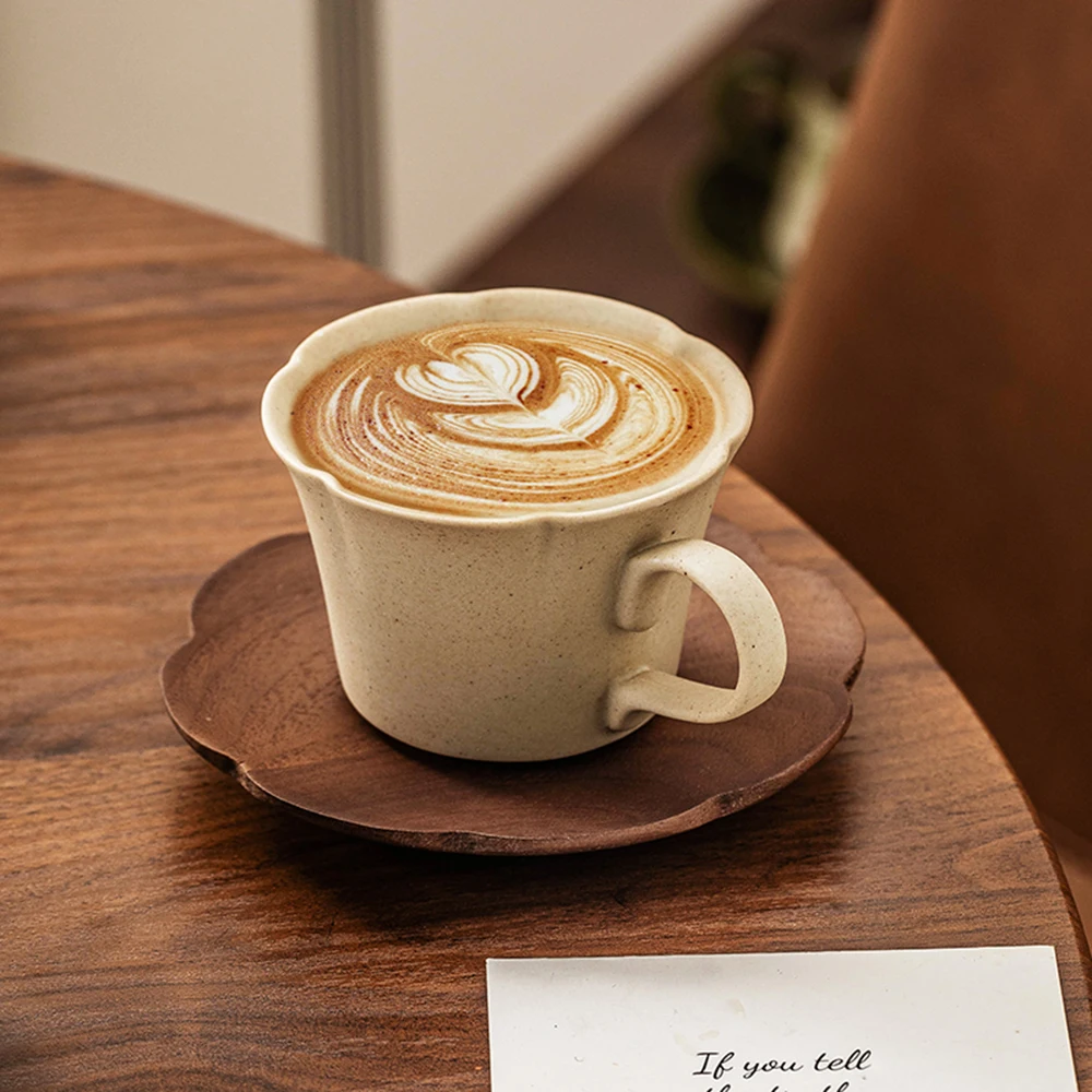 200ml High Beauty Ceramic Coffee Cup Wooden Dish Concentrate Retro High End Exquisite Household Women's Personal Cup Plate Set