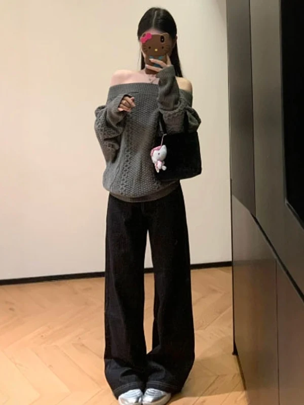 

Retro Lazy Sle Beautiful One oulder Loose Knitted Long Sve Top Unique Winter Faion Korean Loose Fit Comfortable Knit...