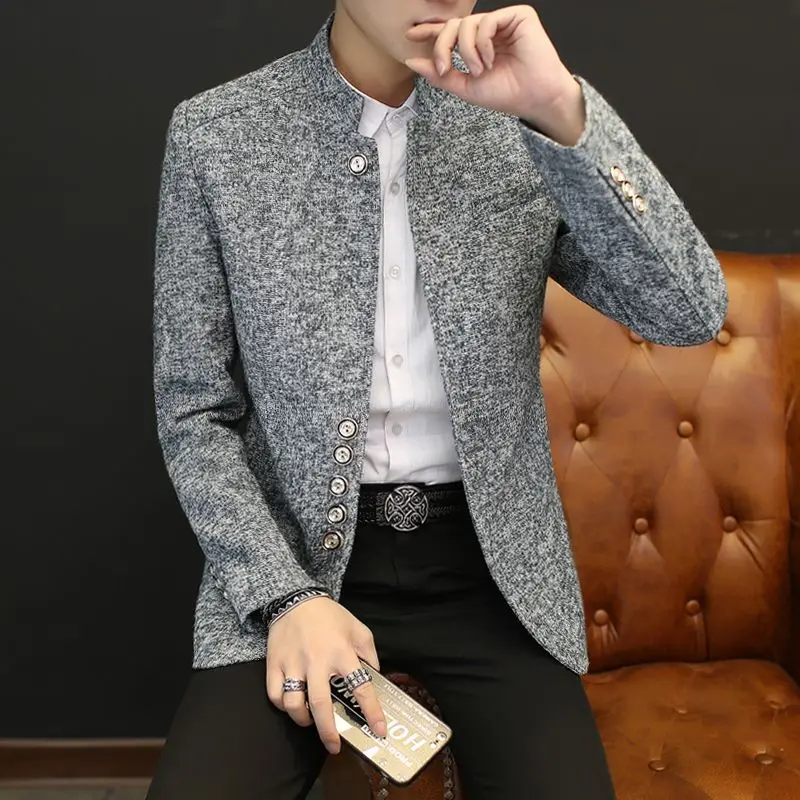 

Весенне-осеннее пальто с воротником-стойкой, мужской пиджак, модный джентльменский корейский стиль 2025 года, одежда, модные повседневные классические мужские пиджаки