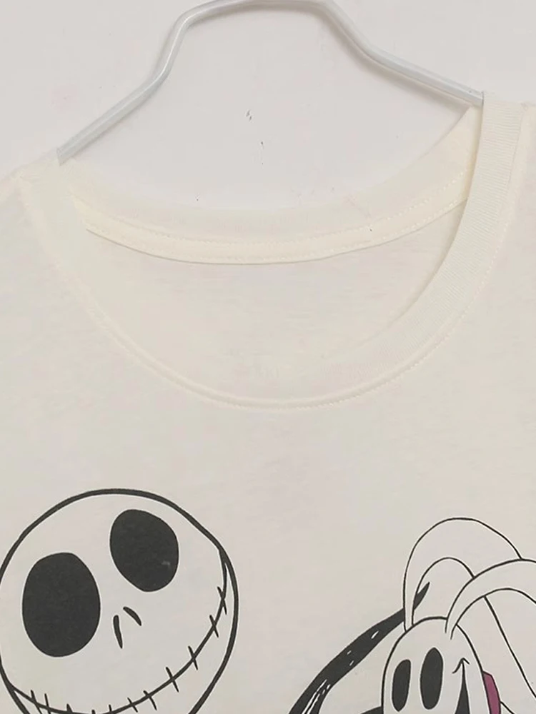 Disney The Nightmare Before Christmas Cartoon Print White T-Shirt Fashion Women O-Neck Pullover Short Sleeve Tee Tops Female