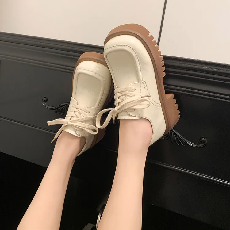 

British Style Lace-Up Shallow Mouth Leather Shoes Retro Square Head Thick Sole Heightening Casual Women's Single Shoes