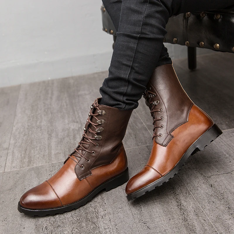 

Casual Pointed Toe Man Shoe Vintage Leather Footwear Men High Top Boots Lace-up Motorcycle Shoes All-match Mens Chelsea Boots