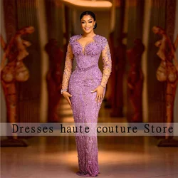 Aso Ebi African Purple Beaded Mermiad Evening Dresses 2025 Luxury Crystals Prom Dresses Customized Formal Wedding Paery Gown