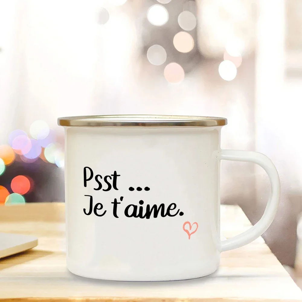 Je T'aime D'amour Printed Valentine's Day I Love You Enamel Mugs Valentine's Day Gift for Her or Him Coffee Cup Couple Gift