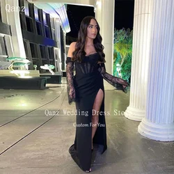 Qanz Modest Long Sleeves Evening Dresses Woman Elegant Slit Mermaid Black Prom Dress Lace Formal Occasion Dresses Customized