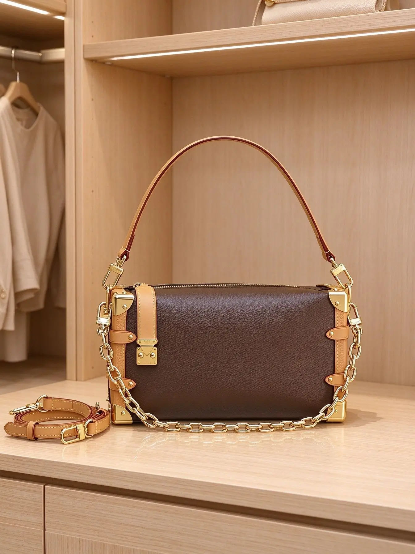 Vintage Box Shoulder Bag for Women Contrast Color PU Leather Handbag Thick Chain Crossbody Bag Removable Strap Ladies Trendy Side Bag